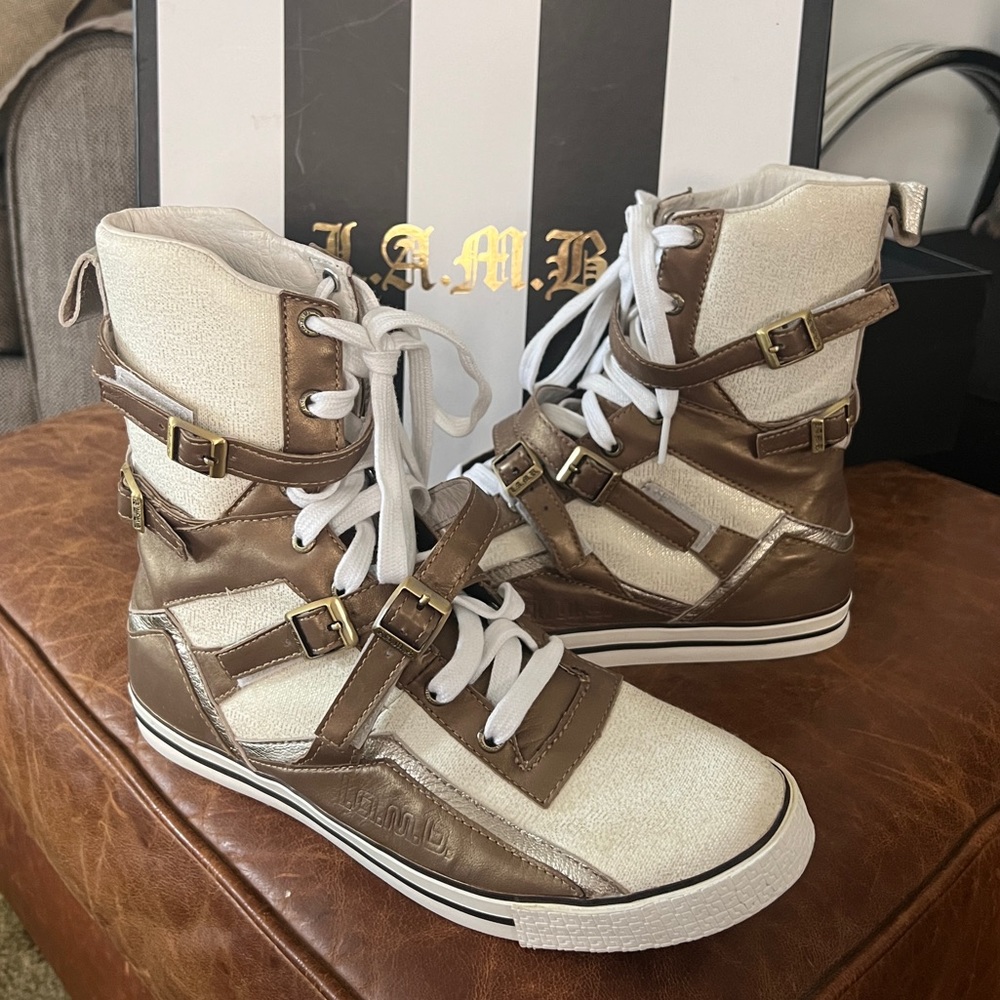 L.A.M.B. High-top Yorba Tex Gold Stomp Sneakers, never worn,excellent condition